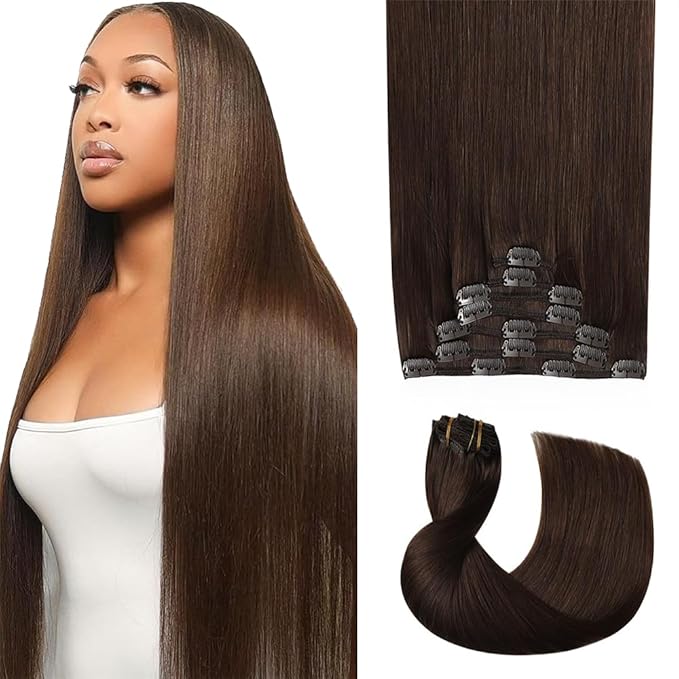 18 Inch #4 Brown Clip in Hair Extensions - Real Remy Human Hair, 120g 7pcs, Chocolate Brown Human Hair Extensions Clip ins for Women