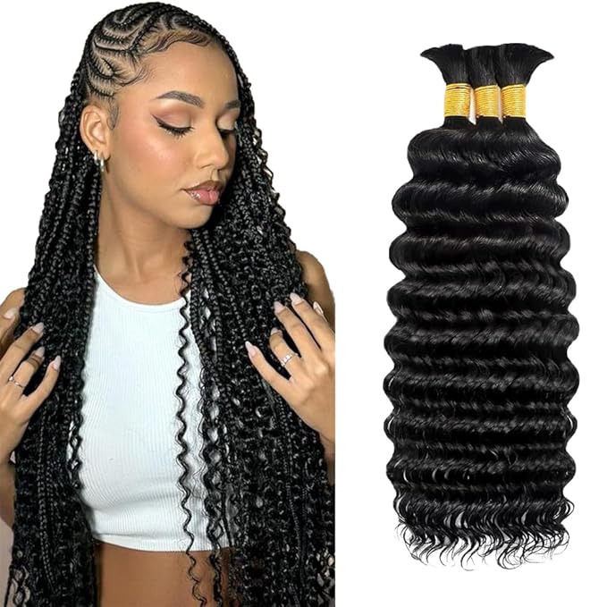 Freiuoke Human Braiding Hair for Boho Braids 3 Bundle 150g 22 22 22 Inch Brazilian Deep Wave Human Hair Extensions for Wet and Wavy Braiding Hair
