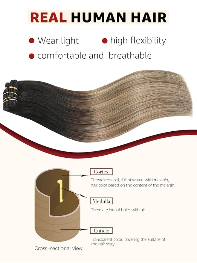 Clip in Hair Extensions Real Human Hair, 20 Inch 120g,Natural Black Roots Chocolate Brown With Caramel Blonde, Clip On Hair Extensions 6pcs Per Set with 18 Clips(#1B/4/27,20")