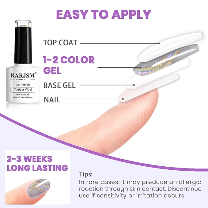 RARJSM Cat Eye Gel Nail Polish, Gel Polish Galaxy Rainbow Effect Universal Silver Holographic Glitter with Magnet Soak Off U V L E D DIY Manicure Art for Salon Designs and Home DIY 7.5ML/0.26fl oz