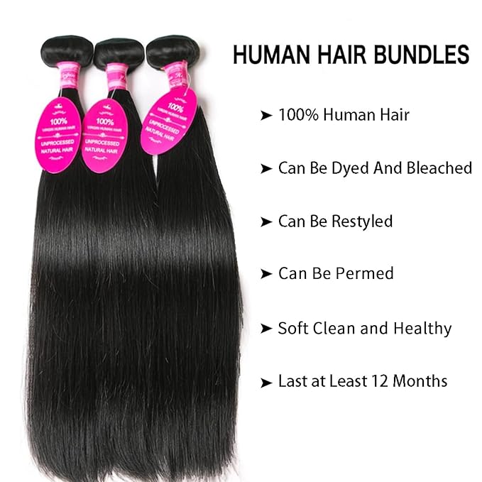 Brazilian Straight Bundles Human Hair 22 24 26 Inch, 12A Grade, 100% Unprocessed Virgin Human Hair Extensions, Natural Black (22-26)