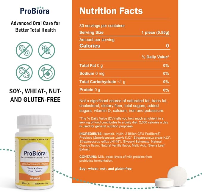 ProBiora Oral-Care Chewable Probiotic Tablets | Probiotic Supplement for Women & Men | Healthier Teeth & Gums | Fresher Breath | Whiter Teeth | 30 Count | Pack of 3 | Orange
