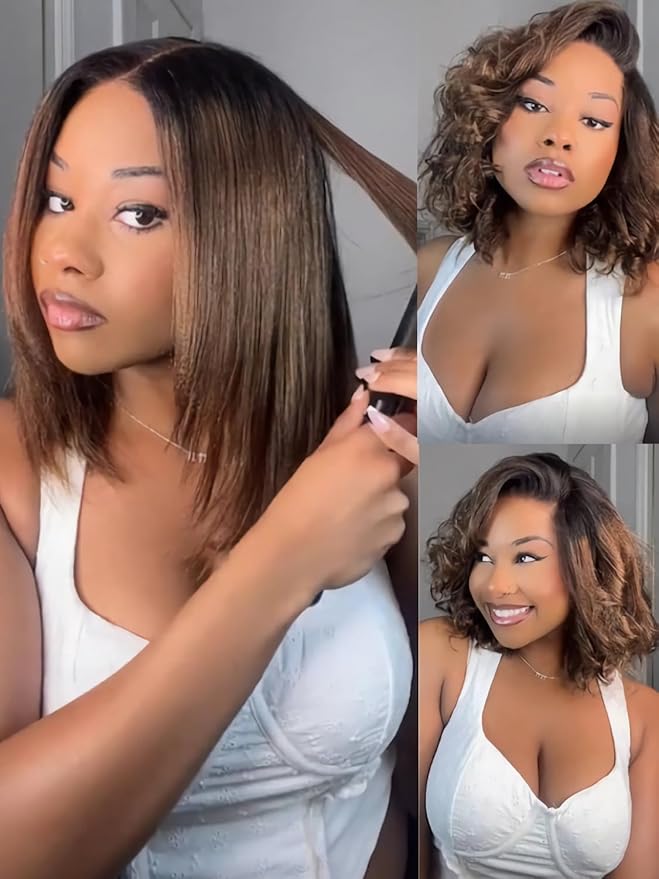 Julia Hair 10 Inch Light Yaki Bob Wigs Human Hair Glueless Bye Bye Knots 7x5 HD Pre Cut Lace Wig Chestnut Brown Ombre Human Hair Lace Closure Pre Plucked Bleached Invisible Knots Natural Hairline