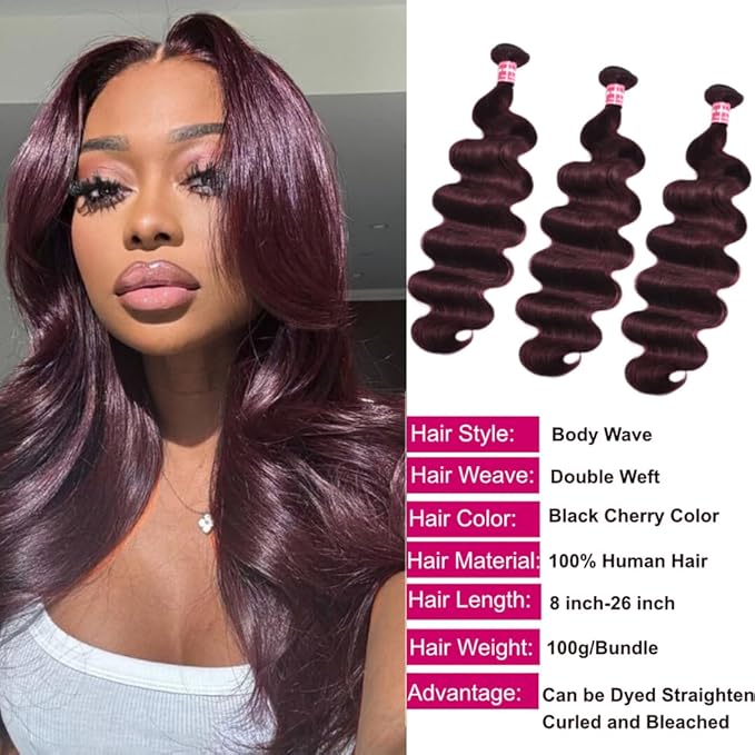 UNICE 12A Human Hair Bundles 22 24 26 inch Body Wave Bundles Human Hair 100% Unprocessed Brazilian Raw Hair Quick Weave Extensions Cherry Black No Shedding No Tangle