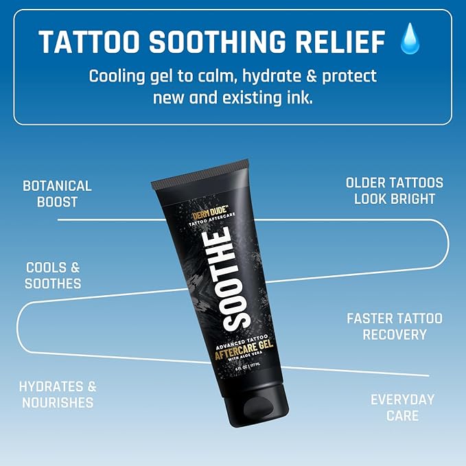 Derm Dude Advanced Tattoo Soothing Gel | Alleviates Itchiness Redness & Irritation | Moisturizing & Cooling Non-Greasy Formula with Aloe Vera, Cucumber & Vitamin C | For New & Existing Tattoos - 6 oz