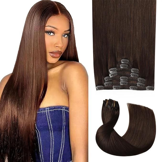 16 Inch #4 Brown Clip in Hair Extensions - Real Remy Human Hair, 120g 7pcs, Chocolate Brown Human Hair Extensions Clip ins for Women