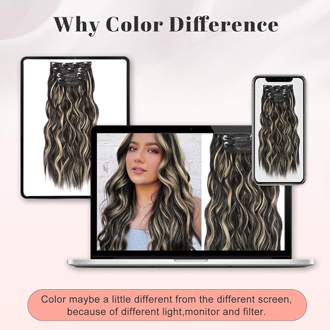 ALXNAN Clip in Hair Extensions for Women, Black Mix Blonde Long Wavy Hair Extensions Clip Ins 4PCS 20 Inch Synthetic Soft and Natural Thick Hair Pieces for Women