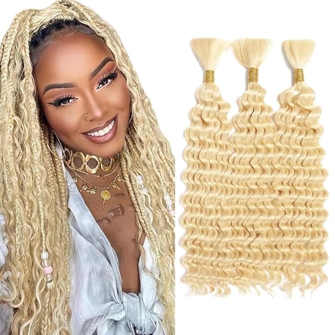 Blonde Braiding Hair 150g 24 24 24 Inch 613 Deep Curly Wave 3 Bundles Bulk Human Hair for Braiding Color 613 Blonde Braiding Hair