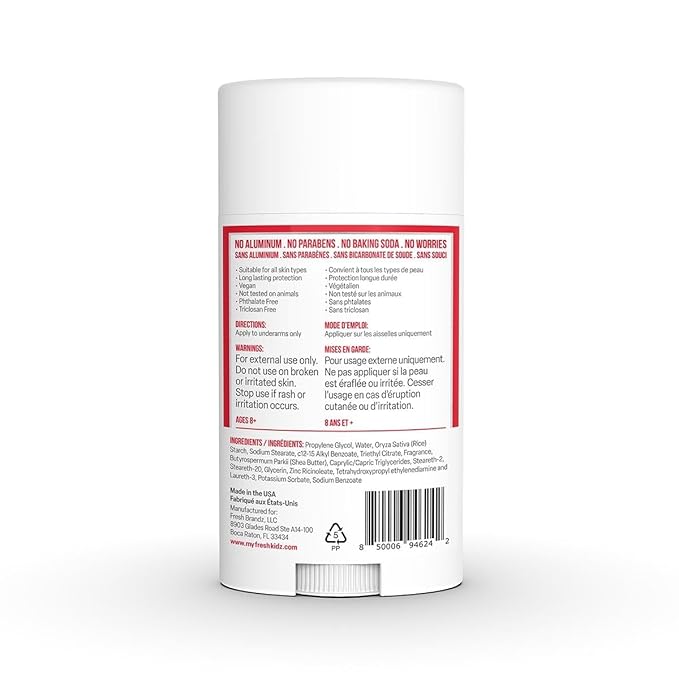 Fresh Kidz Deodorant Stick for Kids and Teens - Baking Soda and Aluminum-free 24 Hour Protection for Sensitive Skin - Boys "Red", 2.65 oz / 75 g
