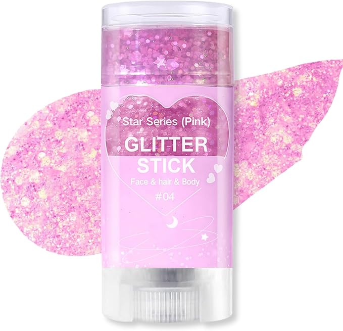 Pink Body Glitter Stick, Sparkling Pink Hair Glitter for Kids and Women, Waterproof Face Hair and Body Glitter Makeup, Rave Accessories Carnival Chunky Sequins