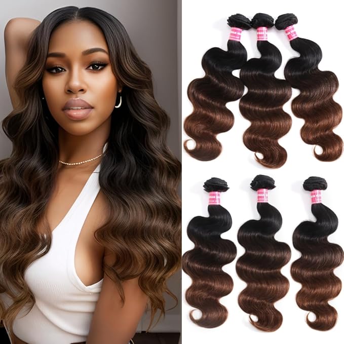 UNICE Chestnut Brown Ombre Body Wave Human Hair Weave 3 Bundles 14 14 14 inch Brazilian Remy Human Hair Wavy Sew in Human Hair Extensions