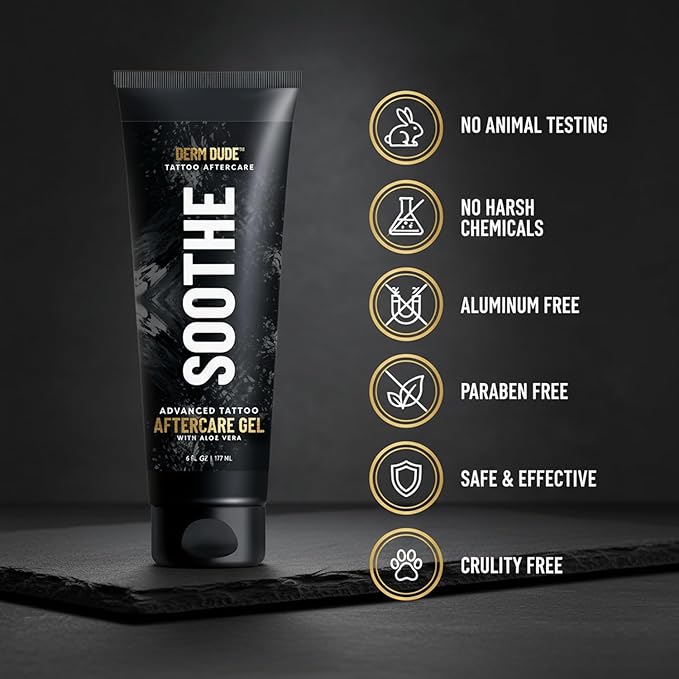 Derm Dude Advanced Tattoo Soothing Gel | Alleviates Itchiness Redness & Irritation | Moisturizing & Cooling Non-Greasy Formula with Aloe Vera, Cucumber & Vitamin C | For New & Existing Tattoos - 6 oz
