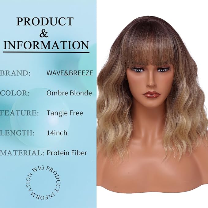 WAVE&BREEZE Short Blonde Wigs with Bangs 14Inch Ombre Blonde Highlights Curly Bob Wig for Women Shoulder Length Natural Looking Hair Replacement Wig for Daily Party Use Cosplay Costume Halloween Wig