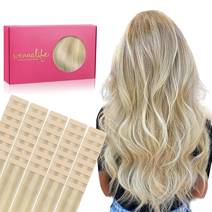 WENNALIFE Tape in Hair Extensions Human Hair, 40pcs 60g 10 inch Ombre Ash Blonde to Golden Blonde Balayage Platinum Blonde Hair Extensions Real Human Hair Invisible Straight Tape in Extensions