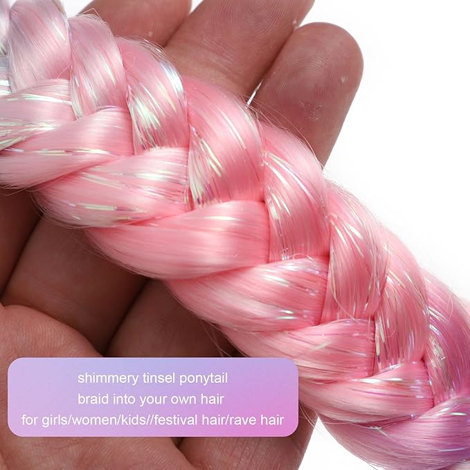 Colored Hair Extensions Pink Ponytail Extension 2 Packs, 20 inch Crazy Hair Day Accessories for Women, DIY Festival Wacky Rave Braids,Tinsel Mixed