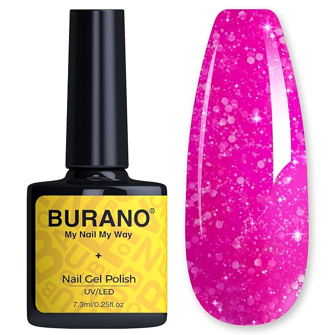 BURANO Glitter Gel Nail Polish, LED UV Nail Gel Shimmer Holographic Effect Soak off Gel Curing Required, No Chip Gel Polish Sparkle Gel Home DIY Nail Salon (Hot pink LP6)