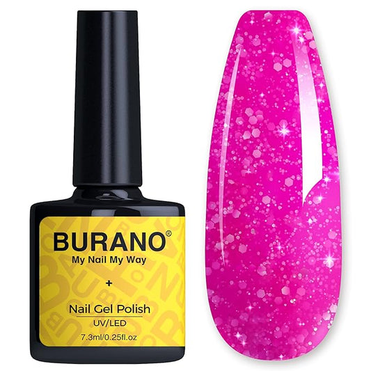 BURANO Glitter Gel Nail Polish, LED UV Nail Gel Shimmer Holographic Effect Soak off Gel Curing Required, No Chip Gel Polish Sparkle Gel Home DIY Nail Salon (Hot pink LP6)