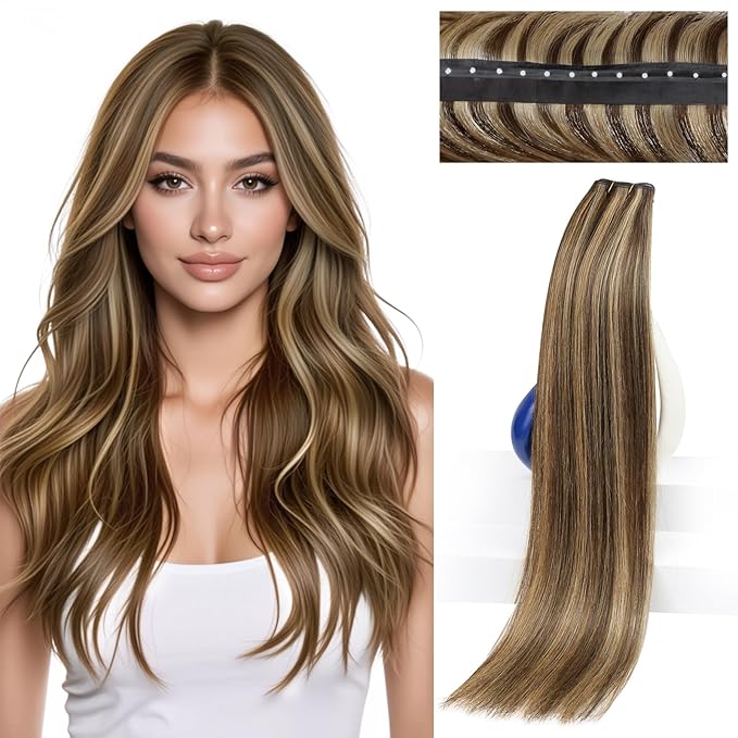 Sunny Hair Butterfly Genius Weft Hair Extensions 20 Inch PU Weft Hair Extensions Human Hair Dark Brown Highlight Caramel Blonde Butterfly Wefts for Women 100G