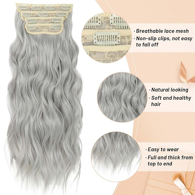 24 Inch Silver Gray Hair Extensions Clip ins for Women, Long Wavy Curly Clip on Hair Extensions, 4PCS Soft Natural Look Clip in Hair Extension for Women(60#, 24INCH)