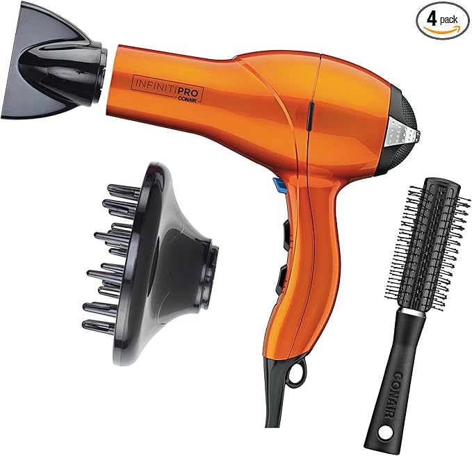 Infiniti PRO CONAIR Hair Dryer with Diffuser, Professional AC Motor, Tourmaline Ceramic Technology Blow Dryer, Includes Concentrator and Blowout Brush, Amazon Exclusive, Orange (Pack of 4)