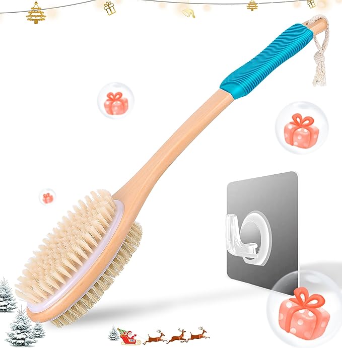 Long Handle Ergonomically Back Scrubber/Brush for Shower, Double Sided Exfoliating Body Scrubber for Women and Men (Blue)