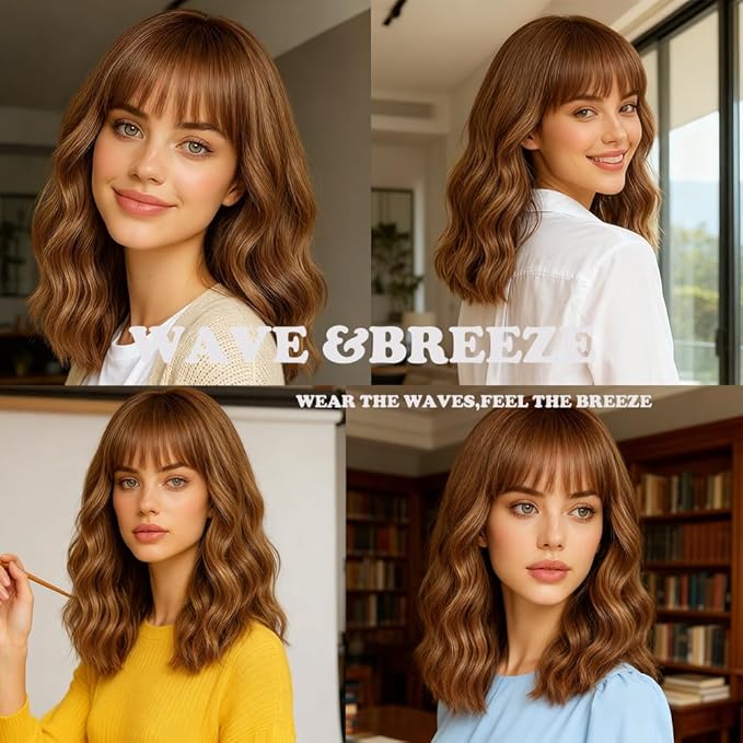 WAVE&BREEZE Honey Brown Mixed Blonde Wig with Bangs Short Curly Bob Wigs for Women 14 Inch Shoulder Length Natural Looking Hair Replacement Wigs for Cosplay Party Use