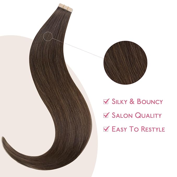 WENNALIFE Tape in Hair Extensions Human Hair Chocolate Brown Tape in Extensions, 10pcs 25g 16 inch Remy Invisible Tape Ins Straight Soft Real Human Hair Tape in Extensions Refill Set Extensions