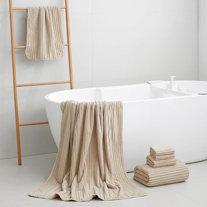6-Piece Bath Towel Set(30"x60"), 2 Large Bath Towel Sheets, 2 Hand Towels and 2 Washcloths - Highly Absorbent Quick Dry Microfiber,Ultra Soft Towel Set for Bathroom (Beige)