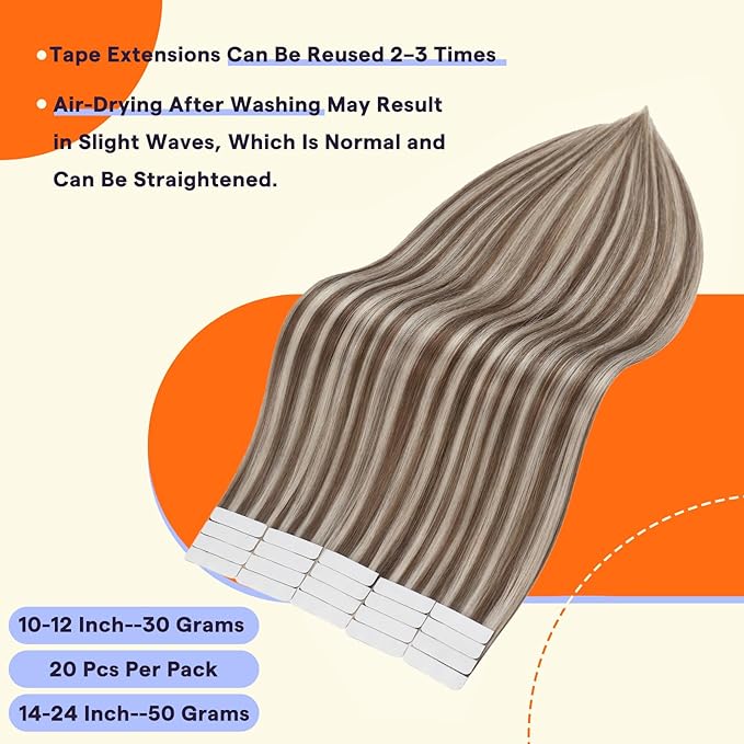 Full Shine Hair Extensions Real Human Hair Tape in 18 Inch 50 Grams Remy Tape Ins Human Hair Extensions Color 8 Ash Brown Highlighted 60 Blonde Seamless Straight Extensions 20PCS