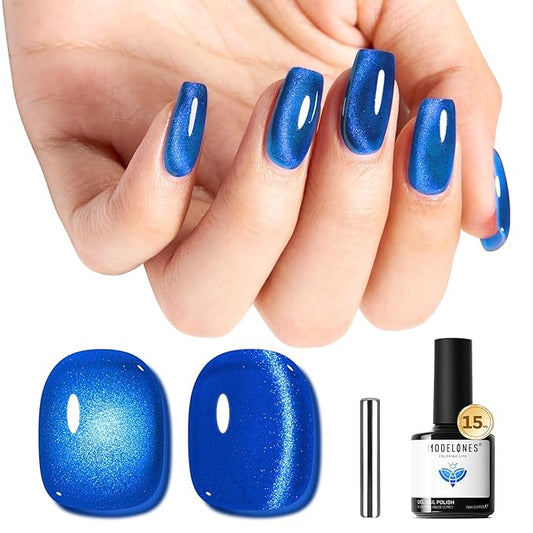 modelones Cat Eye Gel Nail Polish, Glitter Blue Magnetic Nail Polish with Magnet Soak Off U V Winter Gel Polish Shimmer Nail Art Top Coat Manicure Salon DIY