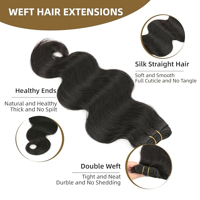 Sew in Hair Extensions Real Human Hair, 110g 20 inch 1B Natural Black Body Wave Bundles Remy Human Hair Weave Extensions Double Weft
