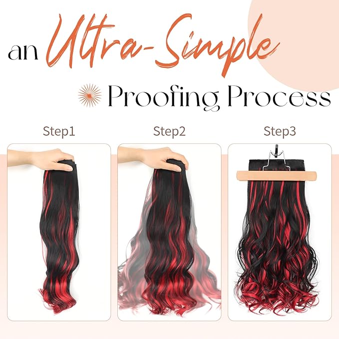Kookastyle Clip in Hair Extensions 4 pcs Natural Long Synthetic Curly Hairpieces Layered Soft Invisible for Women Black Mix Red Highlights 20 Inch