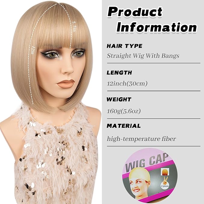 MAYSA Blonde Bob Wig with Bangs for Women, Short Straight Bob Wigs, Synthetic Natural Looking Daily Party Wigs # Gloden Blonde mix Platinum Blonde