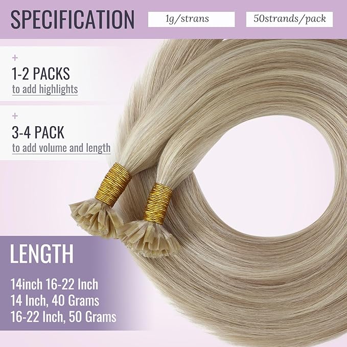 Fshine Fusion Hair Extensions Nail Tip Hair Extensions Color Ash Blonde Mixed with Bleach Blond 18 inch Remy Hair Extension Bondings U Tip 50g/50s Highlight K Tip Hair Extensions Real Human Hair