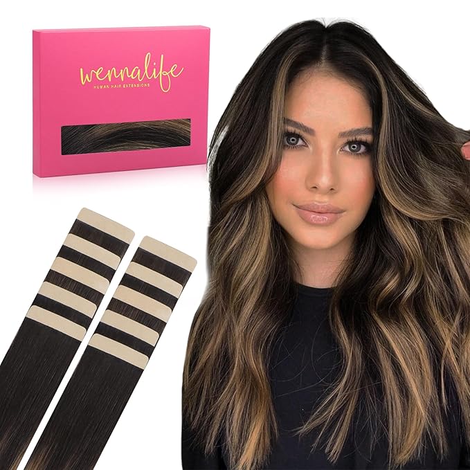 WENNALIFE Tape in Hair Extensions Human Hair Balayage Natural Black to Chestnut Brown Tape in Extensions, 10pcs 30g 20 inch Remy Invisible Tape Ins Straight Soft Real Human Hair Tape in Extensions
