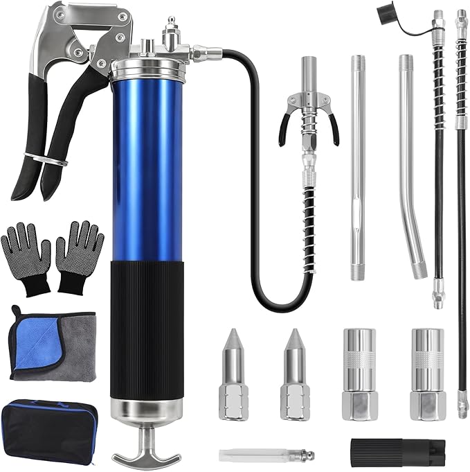 Heavy Duty Grease Gun Kit, 8000 PSI Pistol Grip Grease Gun, 14 oz Capacity, Includes case, 11&18 Inch Resin Flex Hose, 2 Basic Coupler, 1 Double Handle Coupler and more accessories for grease uses