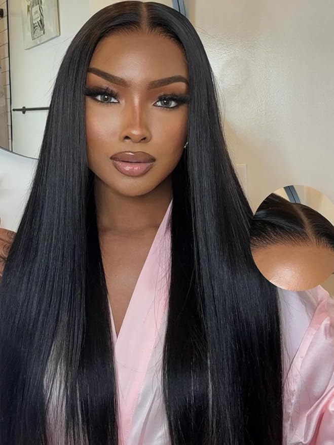Julia Hair Pre Everything Glueless Wig Human Hair Yaki Straight 13x4 HD Lace with Ear Tape Bye Bye Knots Lace Front Wigs for Women Pre Bleached Invisible Knots Put On and Go Wig 24 Inch