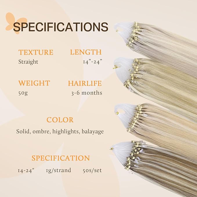 DOORES Micro Bead Hair Extensions Real Human Hair, Light Blonde Highlighted Golden Blonde 22 Inch 50g/50s, Invisible Hair Extensions Human Hair