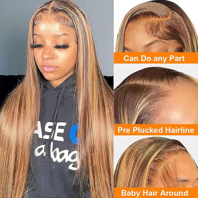 Tuneful 30 Inch Ombre Lace Front Wig Human Hair Highlight 4/27 Honey Blonde Colored Wigs 180% Density 13X6 Straight Lace Frontal Wig for Women