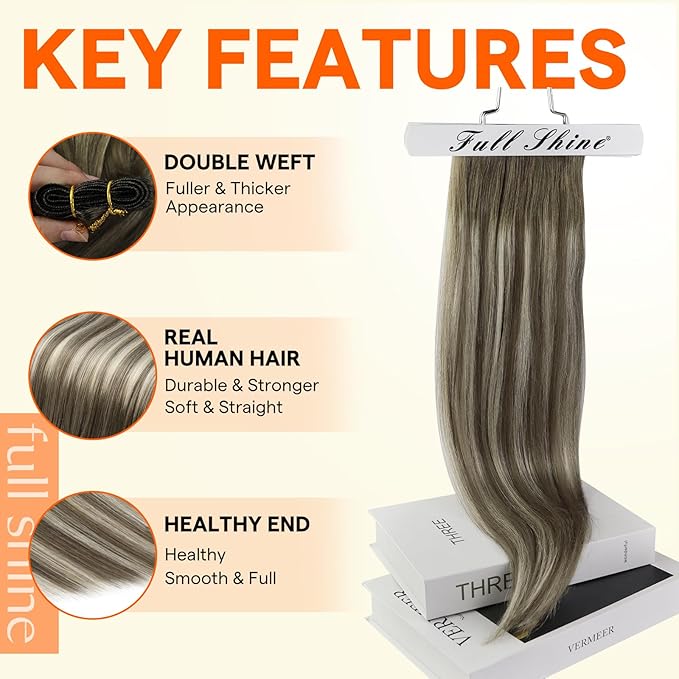 Full Shine Sew In Hair Extensions Weft Hair Extensions Human Hair Color 7/7/800 Ash Brown To Blonde Mix Brown Human Hair Sew in Extensions For Women 105G 24 Inch