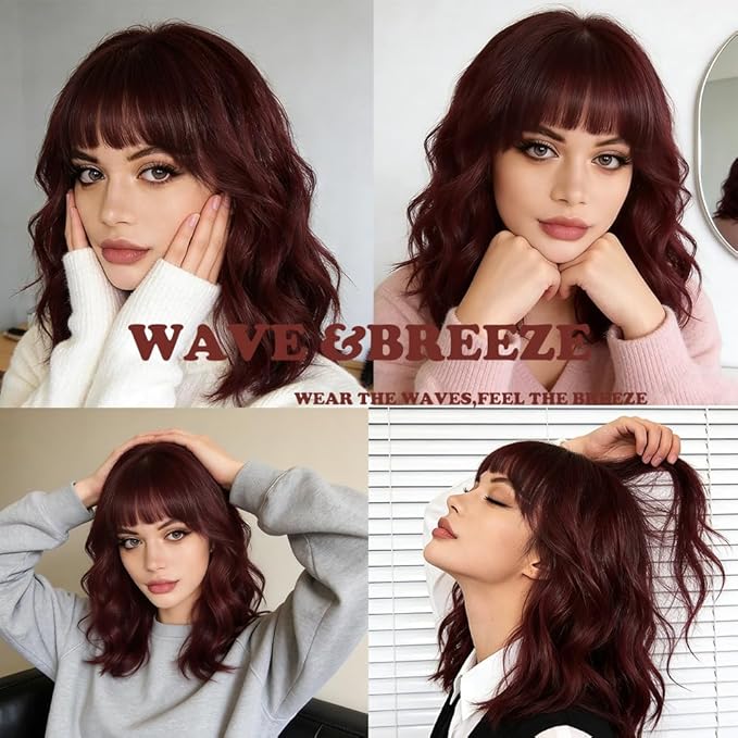 WAVE&BREEZE Red Wig with Bangs Short Curly Bob Wine Red Wigs for Women 14 Inch Shoulder Length Natural Looking Hair Replacement Wigs for Cosplay Party Use