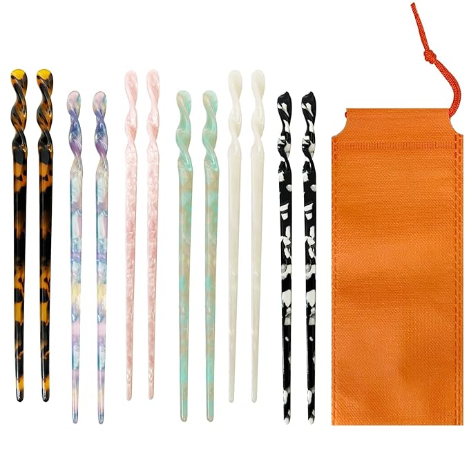 Acetate Tortoise Shell Hair Sticks - Leopard Print Hair Pins, 12 Pieces for Long Hair - Chinese Hair Styling Accessories for Women & Girls