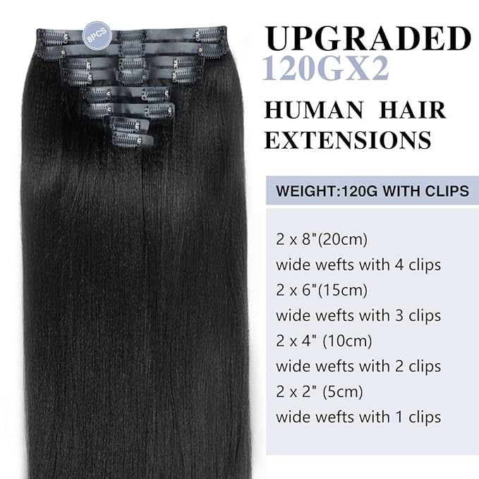 Yaki Straight Clip in Hair Extensions Real Human Hair 2 Pack 240g Seamless for Women Full Max with 16Pcs Remy Human Hair Extensions PU Skin Weft 24inch Natural Black