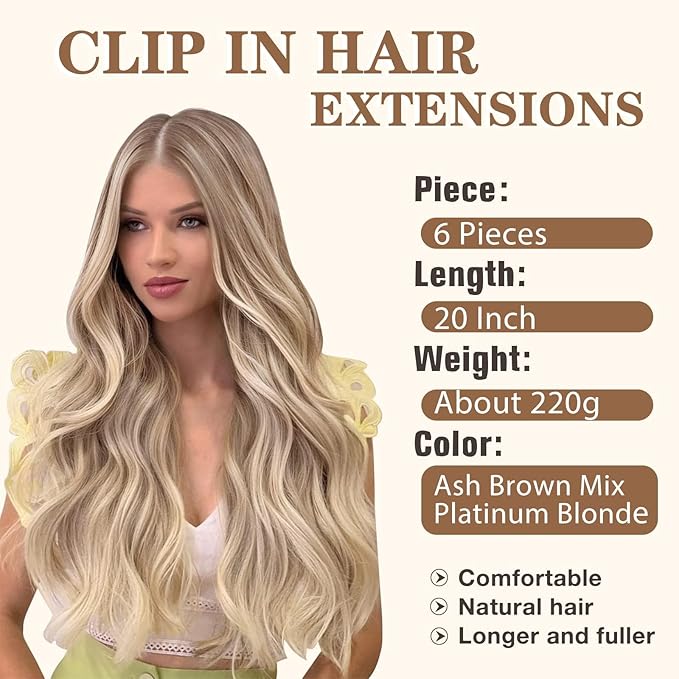 NAYOO Clip in Hair Extensions for Women 20 Inch Long Wavy Curly Dirty Blonde Hair Extension Synthetic Hair Extension Hairpieces (6PCS, Dirty Blonde)