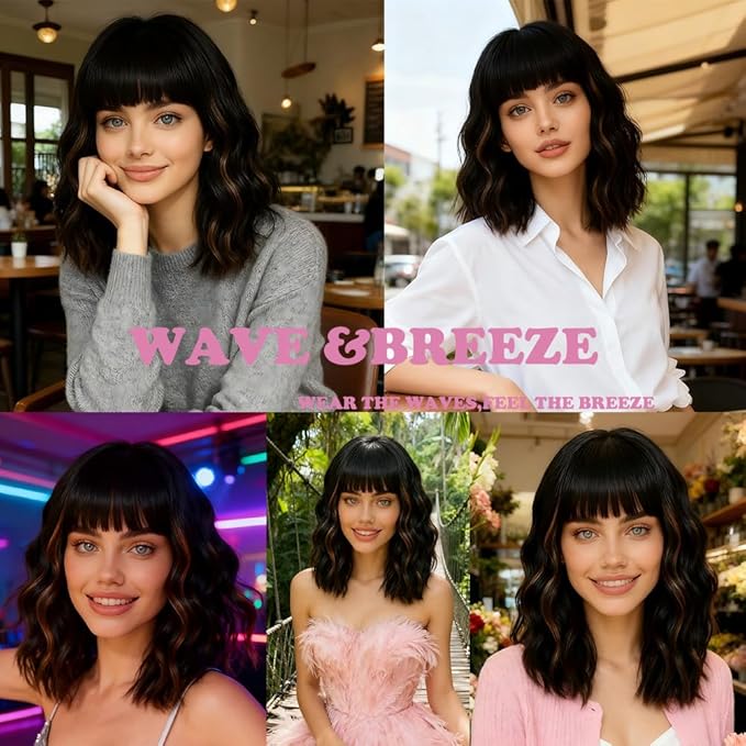 WAVE&BREEZE Black Mixed Brown Highlights Wigs for Black Women Short Wavy Curly Wig With Bangs Natural Looking Synthetic Hair Wigs Heat Resistant Fiber Wig for Daily Party
