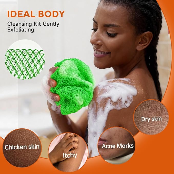 2 Pieces African Net Sponge Authentic, Durable Back Scrubber Washcloth for Shower, Exfoliating Net Sponge for All Skin, Bathing Accessories for Women (Orange and Green)