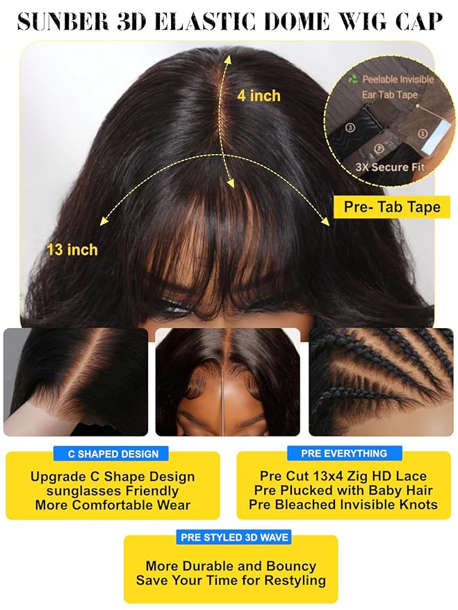Sunber Put On and Go Glueless Wigs Pre Plucked Pre Bleached Human Hair Loose Wace With Curtain Bangs Bye Bye Knots Pre Cut Lace 13X4 HD Lace Front Wig 22Inch