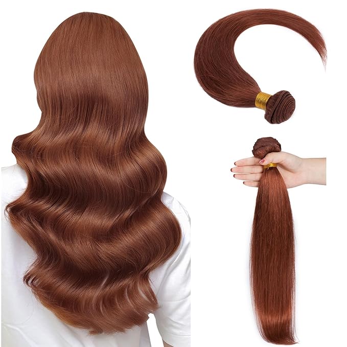 Hairro Sew in Hair Extensions Real Human Hair, 100g/bundle Weave Weft for Women Adding Volume and Length, for DIY Beauty Dating Party, 20 Inch One Bundle Straight Dark Auburn
