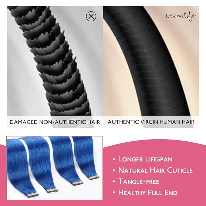 WENNALIFE Tape in Hair Extensions Human Hair Blue Tape in Extensions, 10pcs 30g 20 inch Remy Invisible Tape Ins Straight Colored Soft Real Human Hair Tape in Extensions Refill Set Extensions