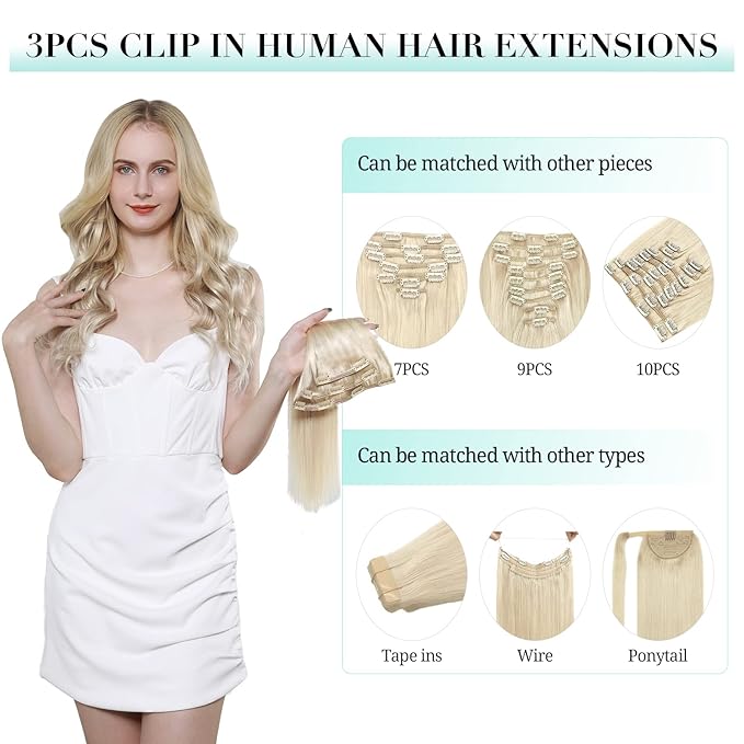 DOORES Clip in Hair Extensions, 70g 3pcs Balayage Ash Blonde to Golden Blonde and Platinum Blonde 22 Inch Human Hair Extensions Clip in Natural Hair Extensions